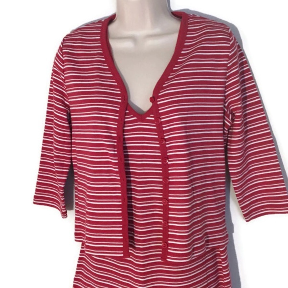 MODA International Sz M 100% Cotton Red/White Horizontal Stripe Dress & Jacket